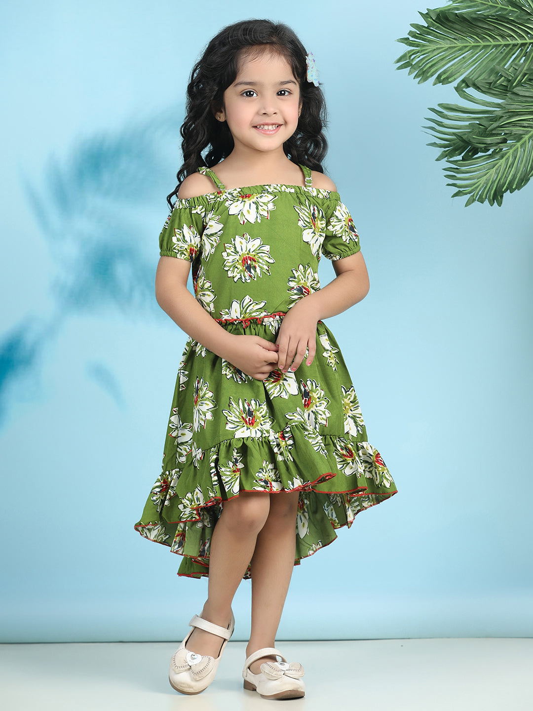 Cutiekins Girls Trendy & Stylish Floral Printed Dress -Olive Green & Off White