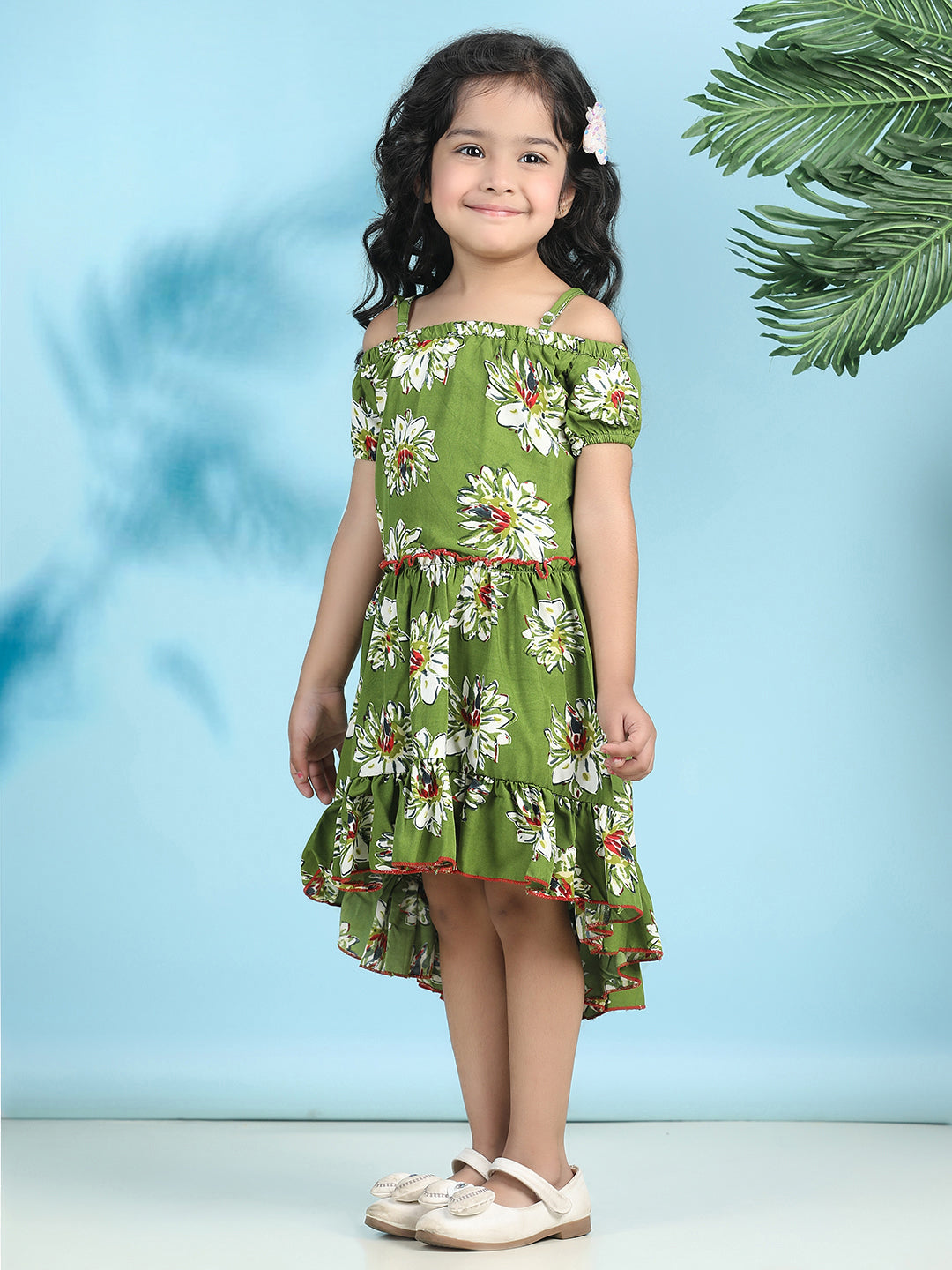 Cutiekins Girls Trendy & Stylish Floral Printed Dress -Olive Green & Off White