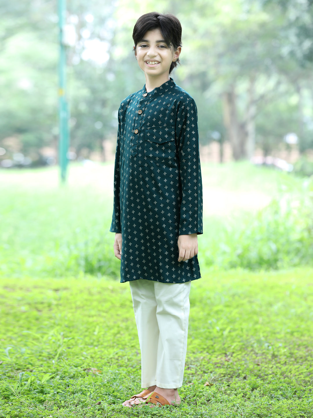 Cutiekins Printed Kurta and Pajama Set-Dark Green & Off White