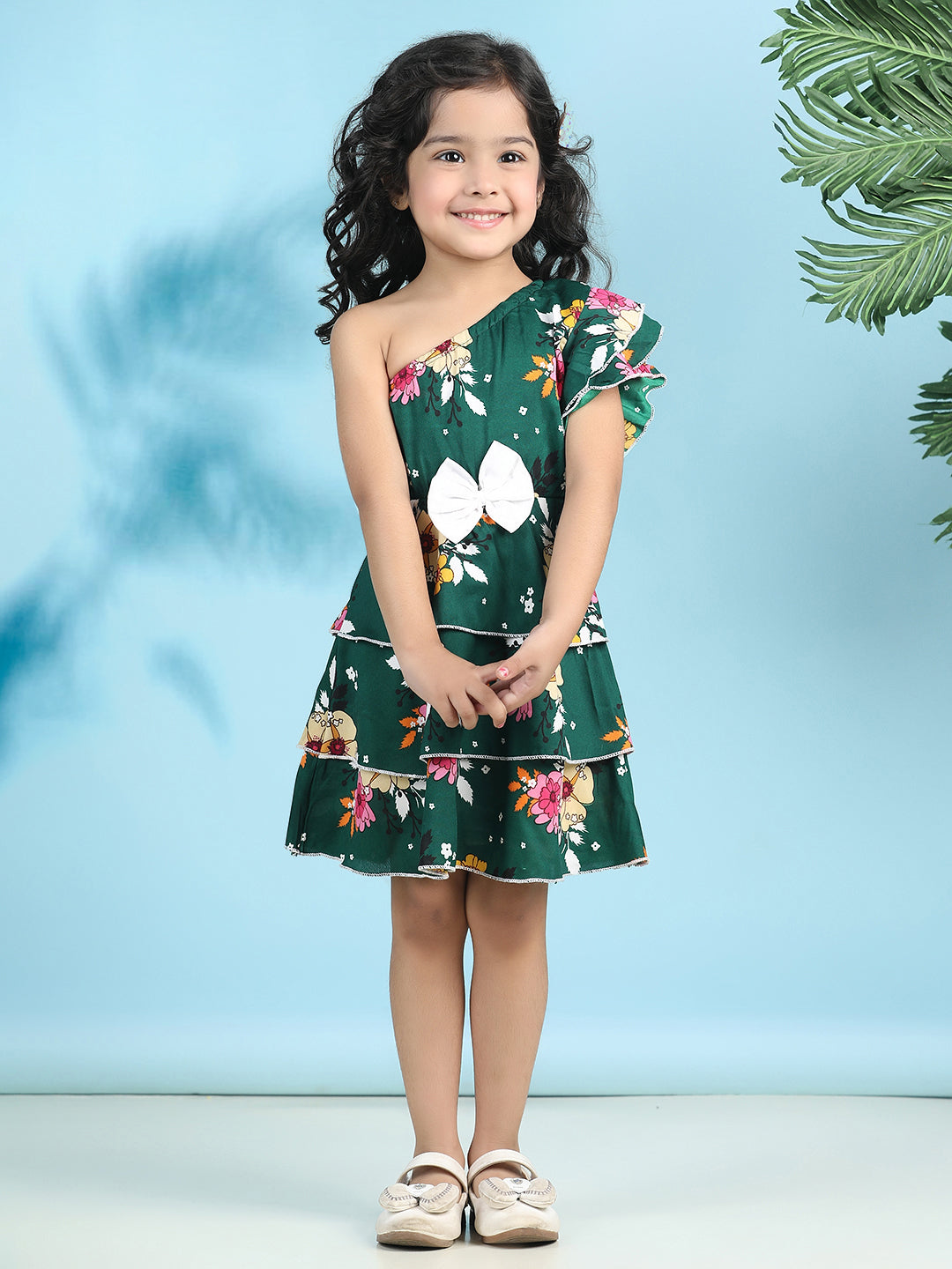 Cutiekins Girls Trendy & Stylish Floral Printed Dress -Dark Green & Off White