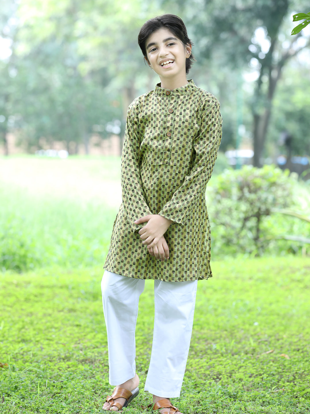 Cutiekins Printed Kurta and Pajama Set-Green & Off White