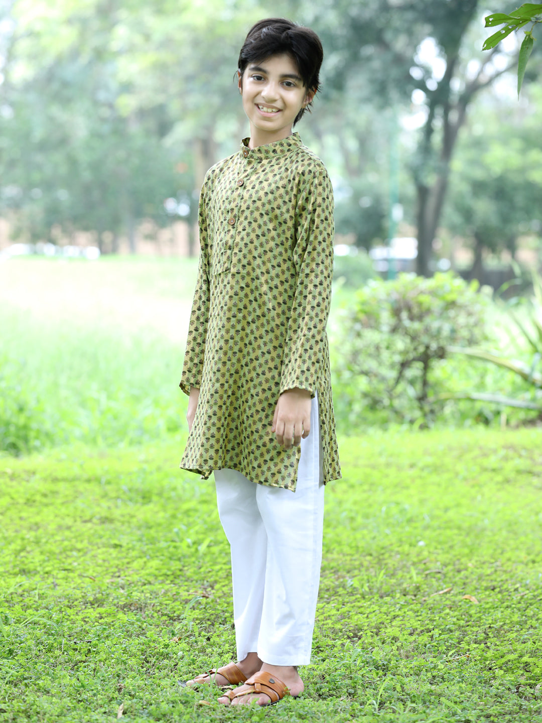 Cutiekins Printed Kurta and Pajama Set-Green & Off White