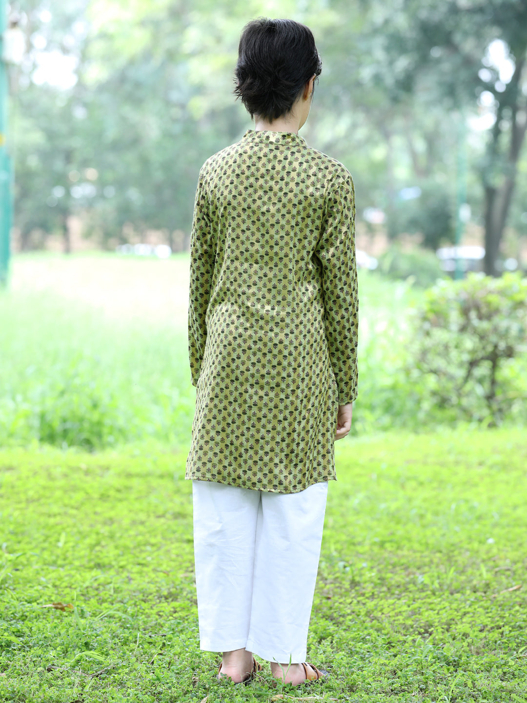 Cutiekins Printed Kurta and Pajama Set-Green & Off White