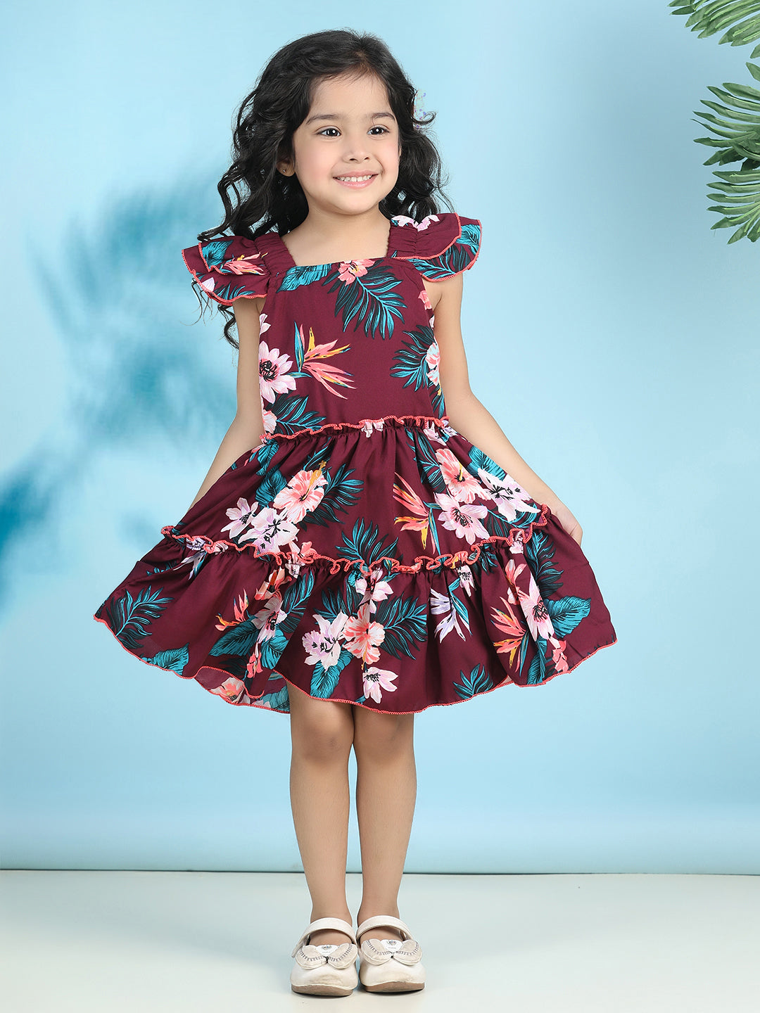 Cutiekins Girls Trendy & Stylish Floral Printed Dress -Coffee Brown & Multi