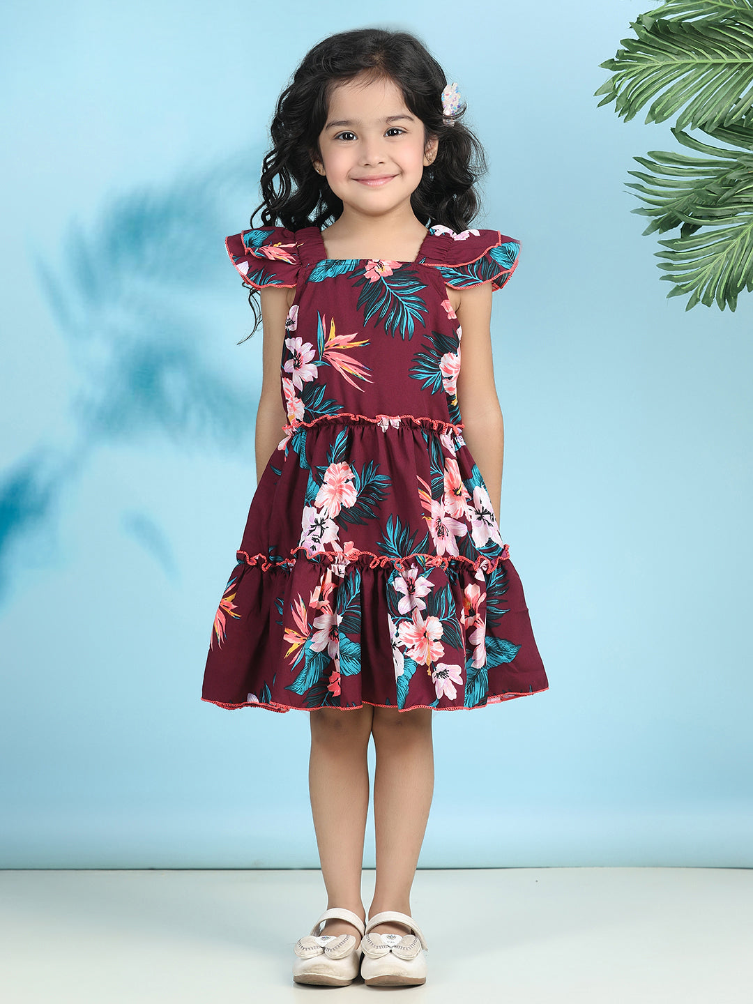 Cutiekins Girls Trendy & Stylish Floral Printed Dress -Coffee Brown & Multi