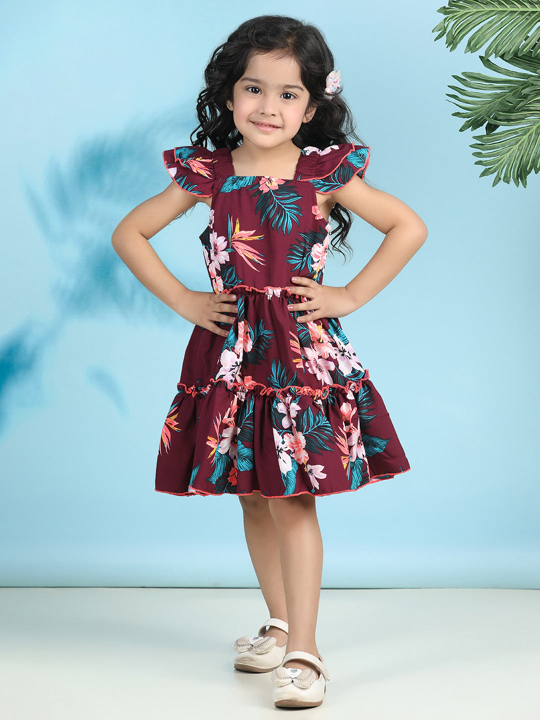 Cutiekins Girls Trendy & Stylish Floral Printed Dress -Coffee Brown & Multi