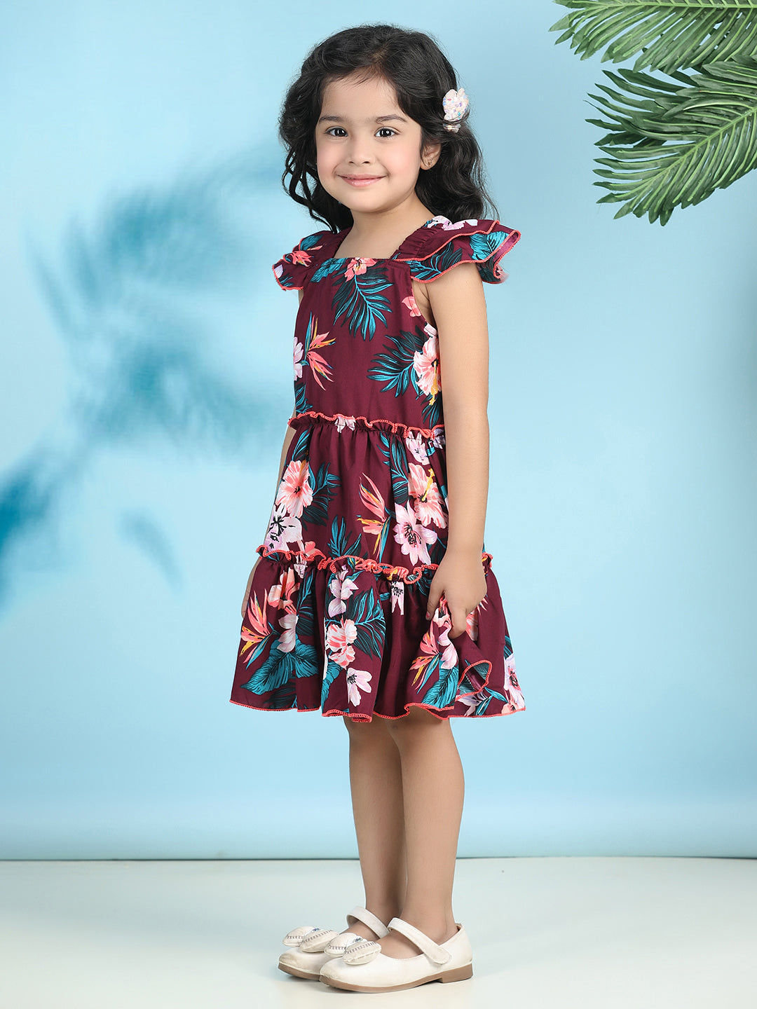 Cutiekins Girls Trendy & Stylish Floral Printed Dress -Coffee Brown & Multi