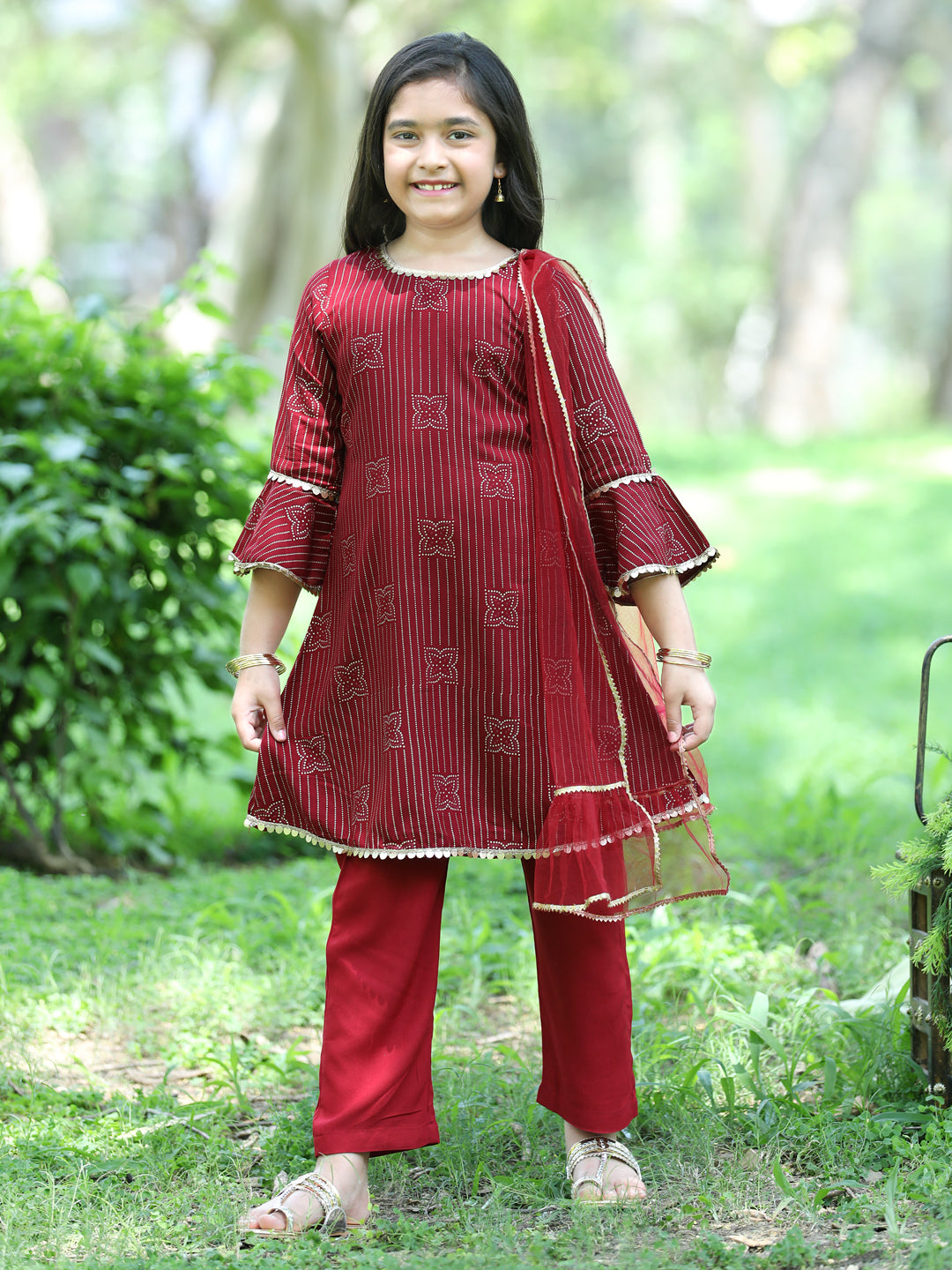 Cutiekins Ethnic Motif Printed A-line Kurta, Palazzos & Dupatta Set-Maroon & Golden