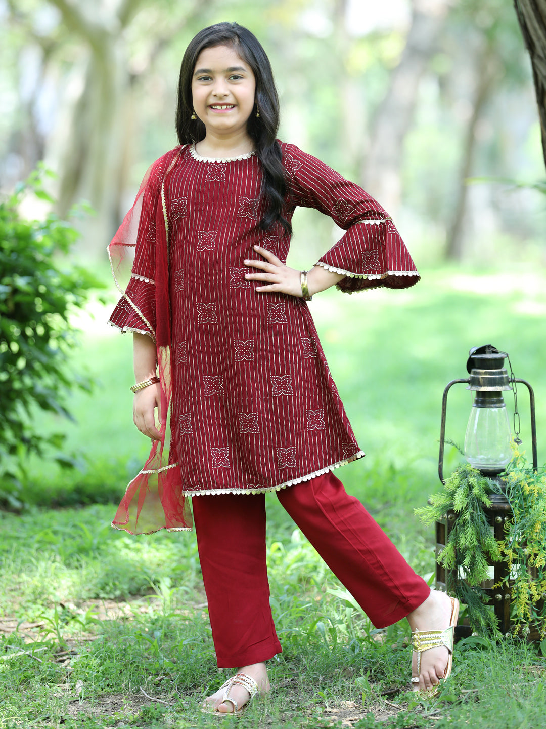 Cutiekins Ethnic Motif Printed A-line Kurta, Palazzos & Dupatta Set-Maroon & Golden