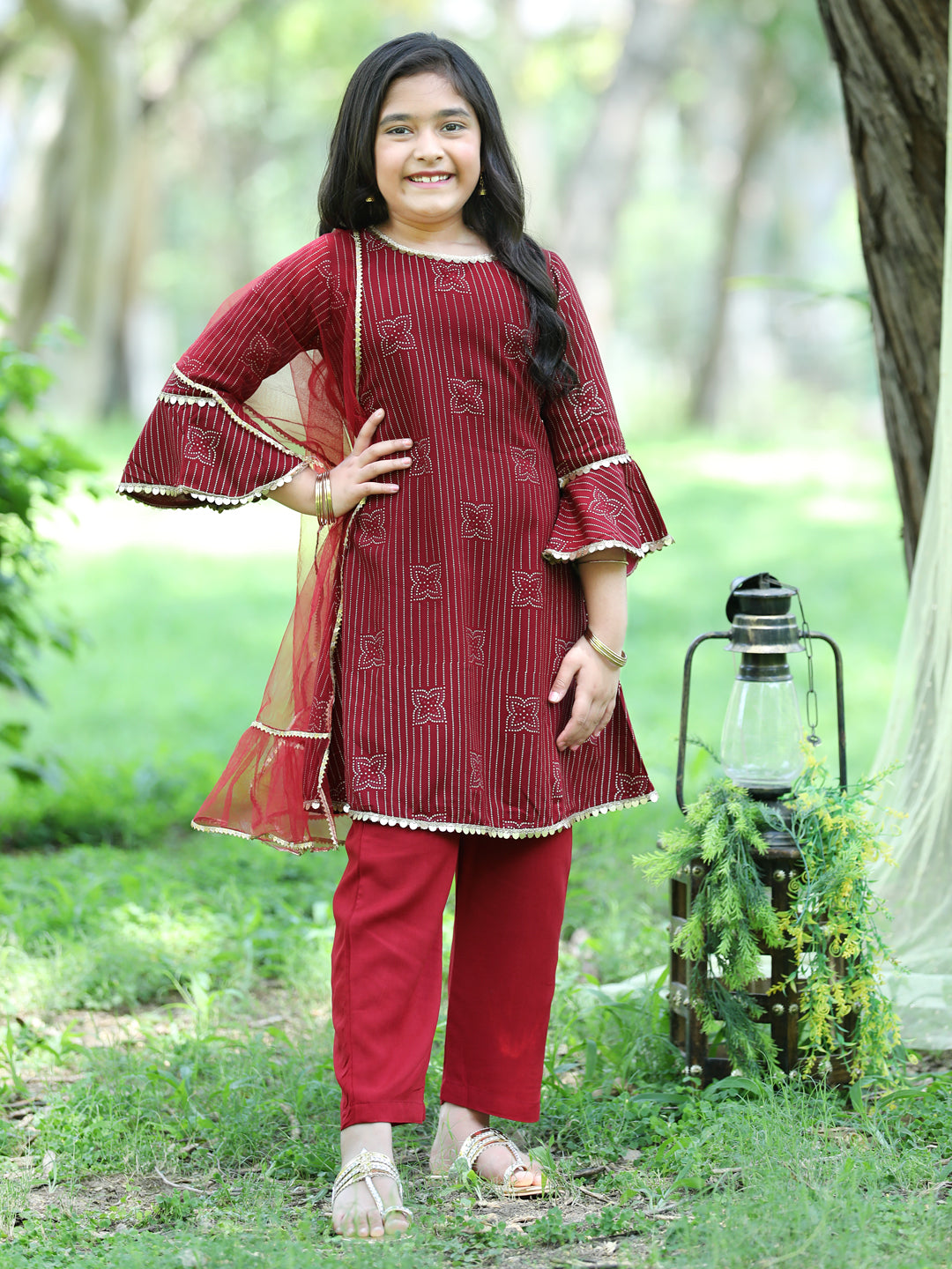 Cutiekins Ethnic Motif Printed A-line Kurta, Palazzos & Dupatta Set-Maroon & Golden