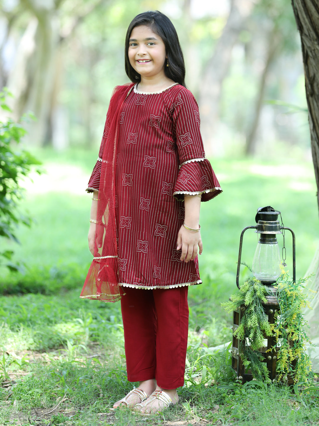 Cutiekins Ethnic Motif Printed A-line Kurta, Palazzos & Dupatta Set-Maroon & Golden