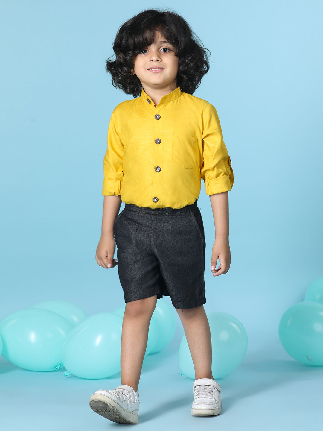 Cutiekins Boys Solid Shirt With Solid Short -Mustard & Black