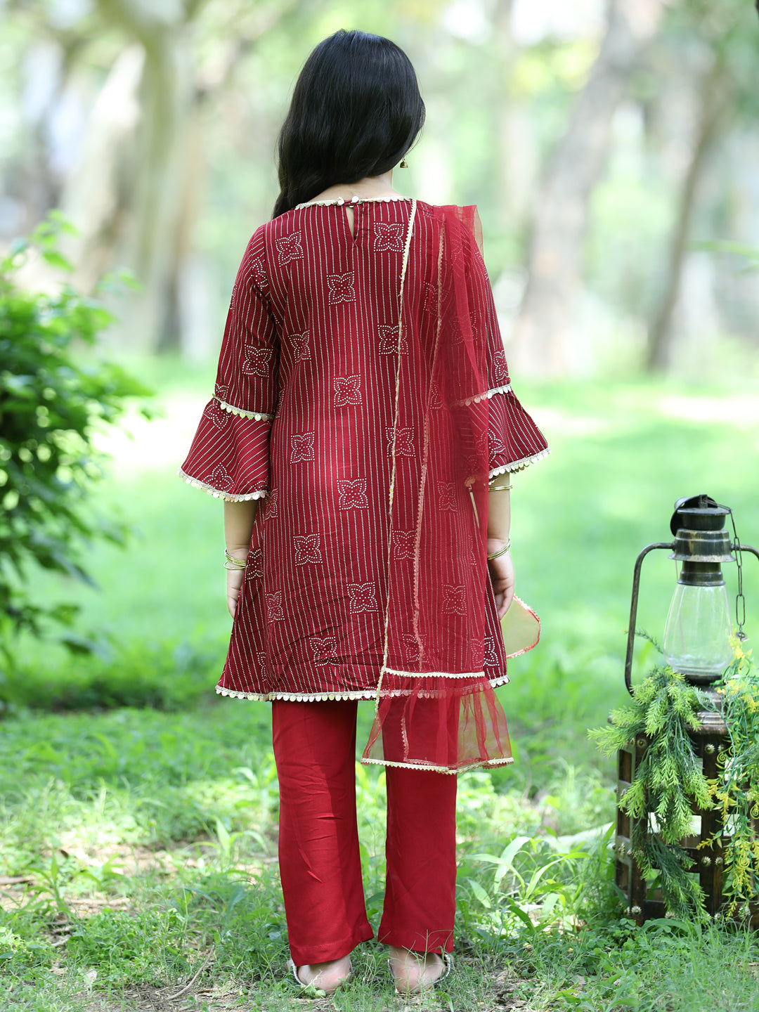 Cutiekins Ethnic Motif Printed A-line Kurta, Palazzos & Dupatta Set-Maroon & Golden