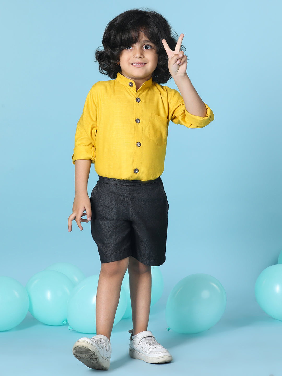 Cutiekins Boys Solid Shirt With Solid Short -Mustard & Black