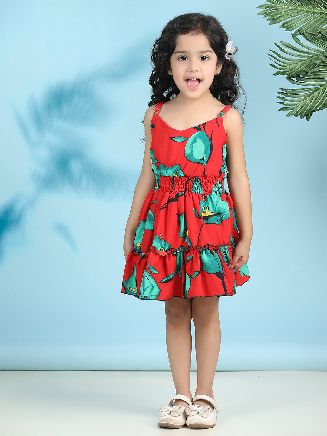 Cutiekins Girls Trendy & Stylish Floral Printed Dress -Red & Green