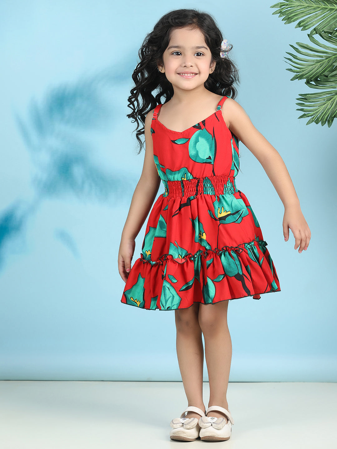 Cutiekins Girls Trendy & Stylish Floral Printed Dress -Red & Green