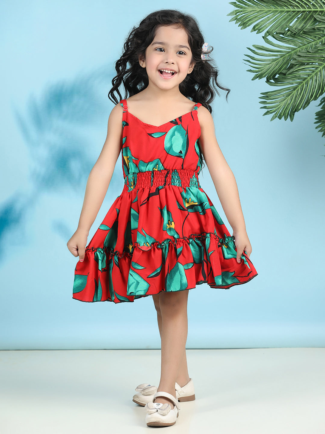 Cutiekins Girls Trendy & Stylish Floral Printed Dress -Red & Green