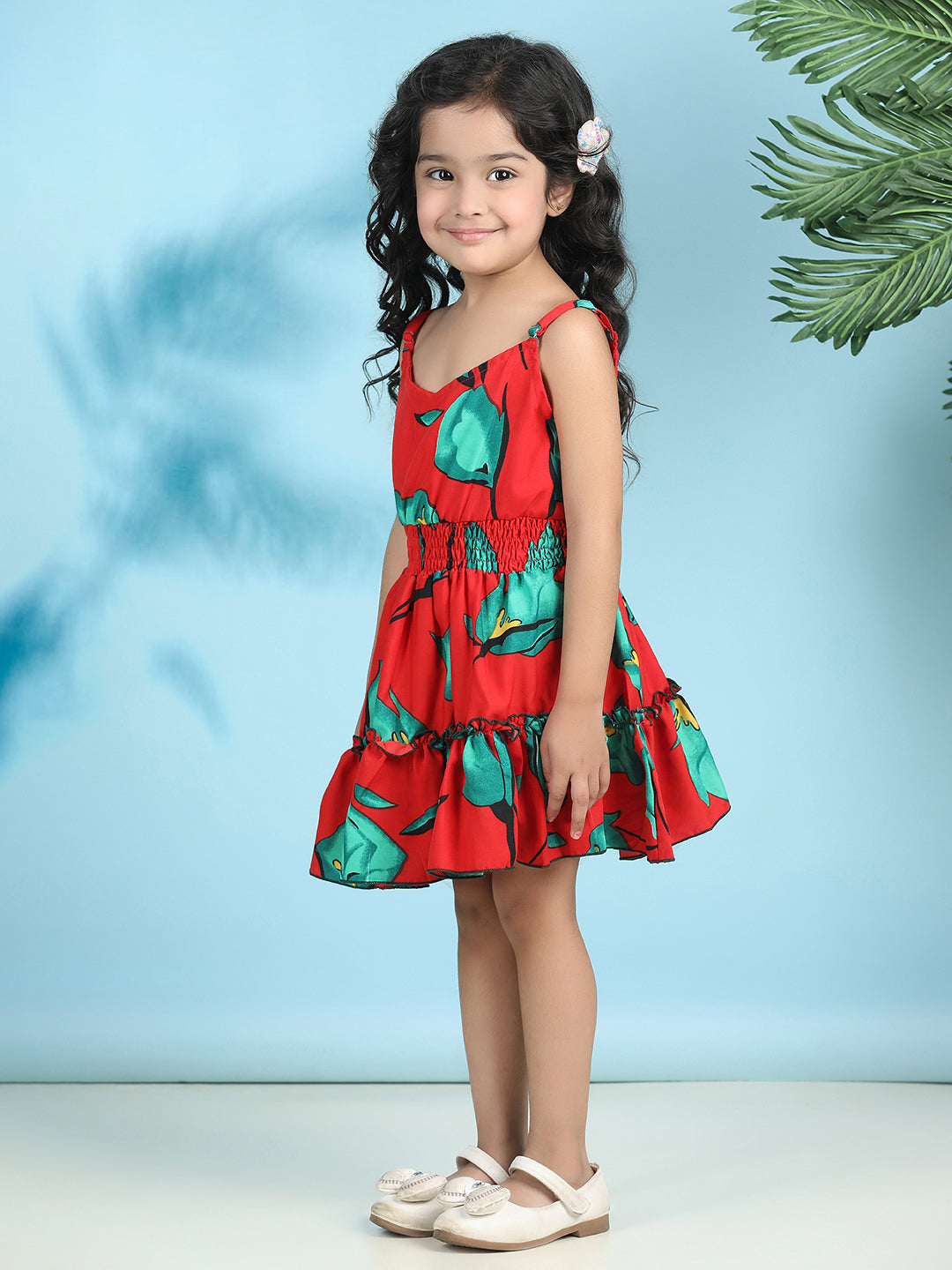 Cutiekins Girls Trendy & Stylish Floral Printed Dress -Red & Green