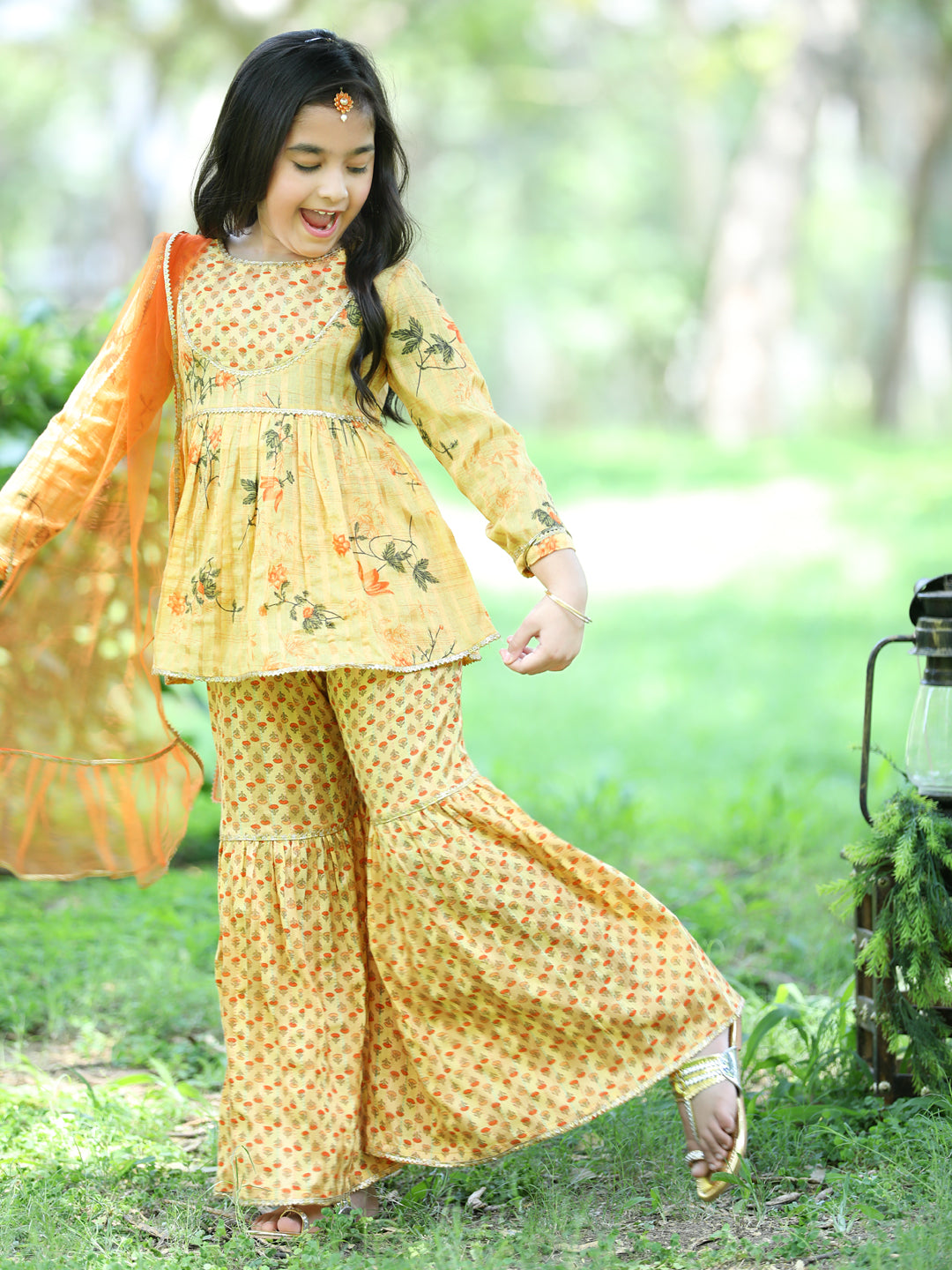 Cutiekins Ethnic Motif Printed Kurta ,Sharara and Dupatta Set-Mustard & Orange