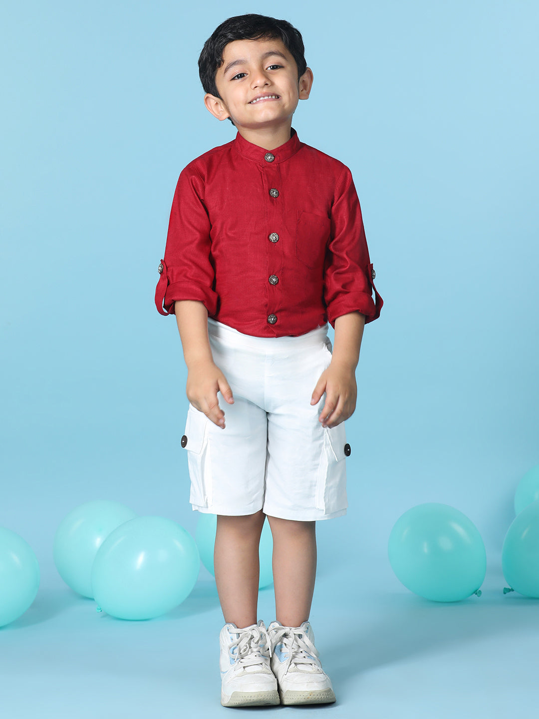 Cutiekins Boys Solid Shirt With Solid Denim Short -Maroon & White