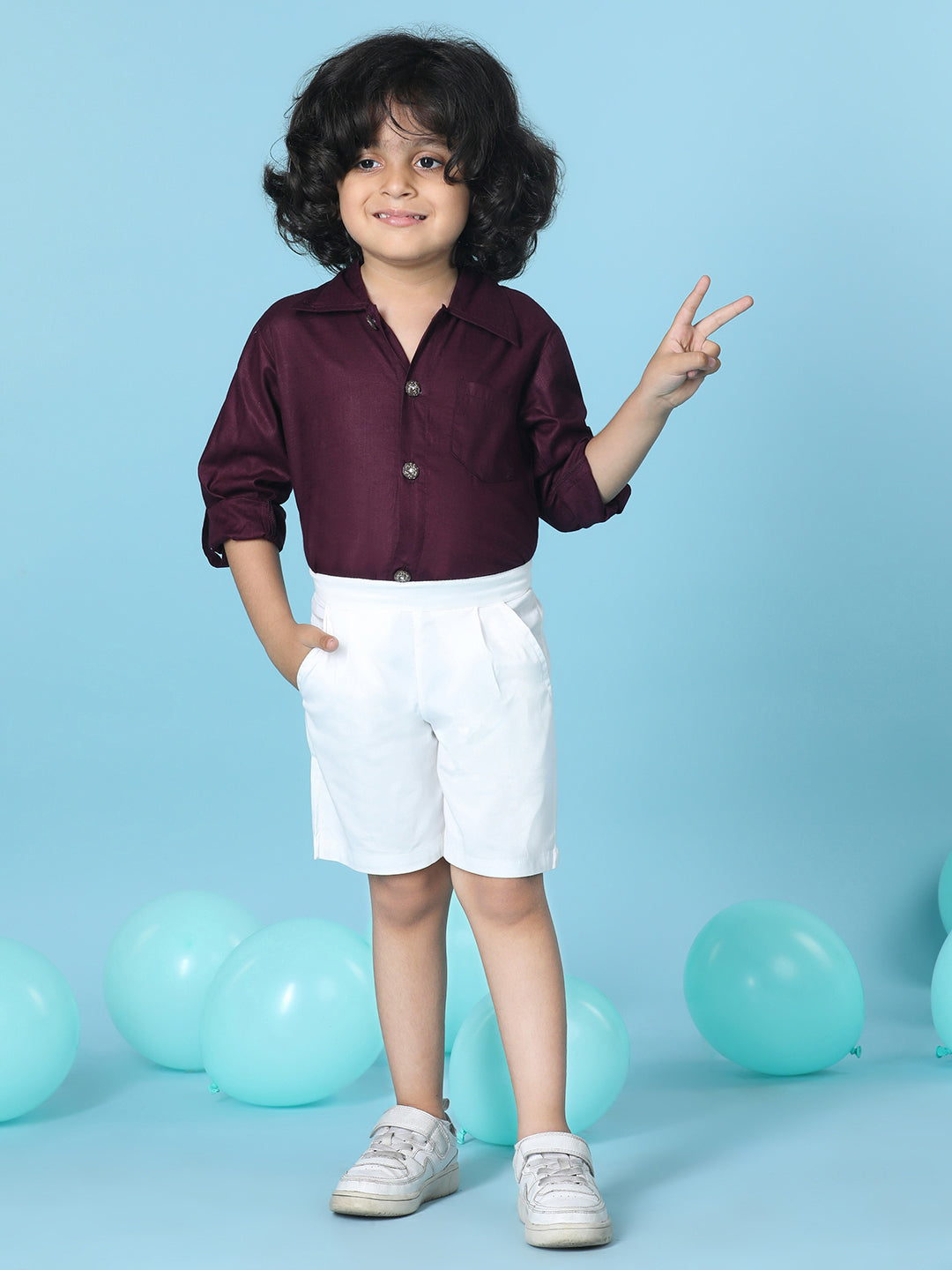 Cutiekins Boys Solid Shirt With Solid Short -Wine & White