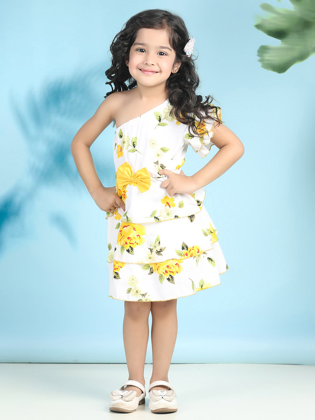 Cutiekins Girls Trendy & Stylish Floral Printed Dress -Off White & Yellow