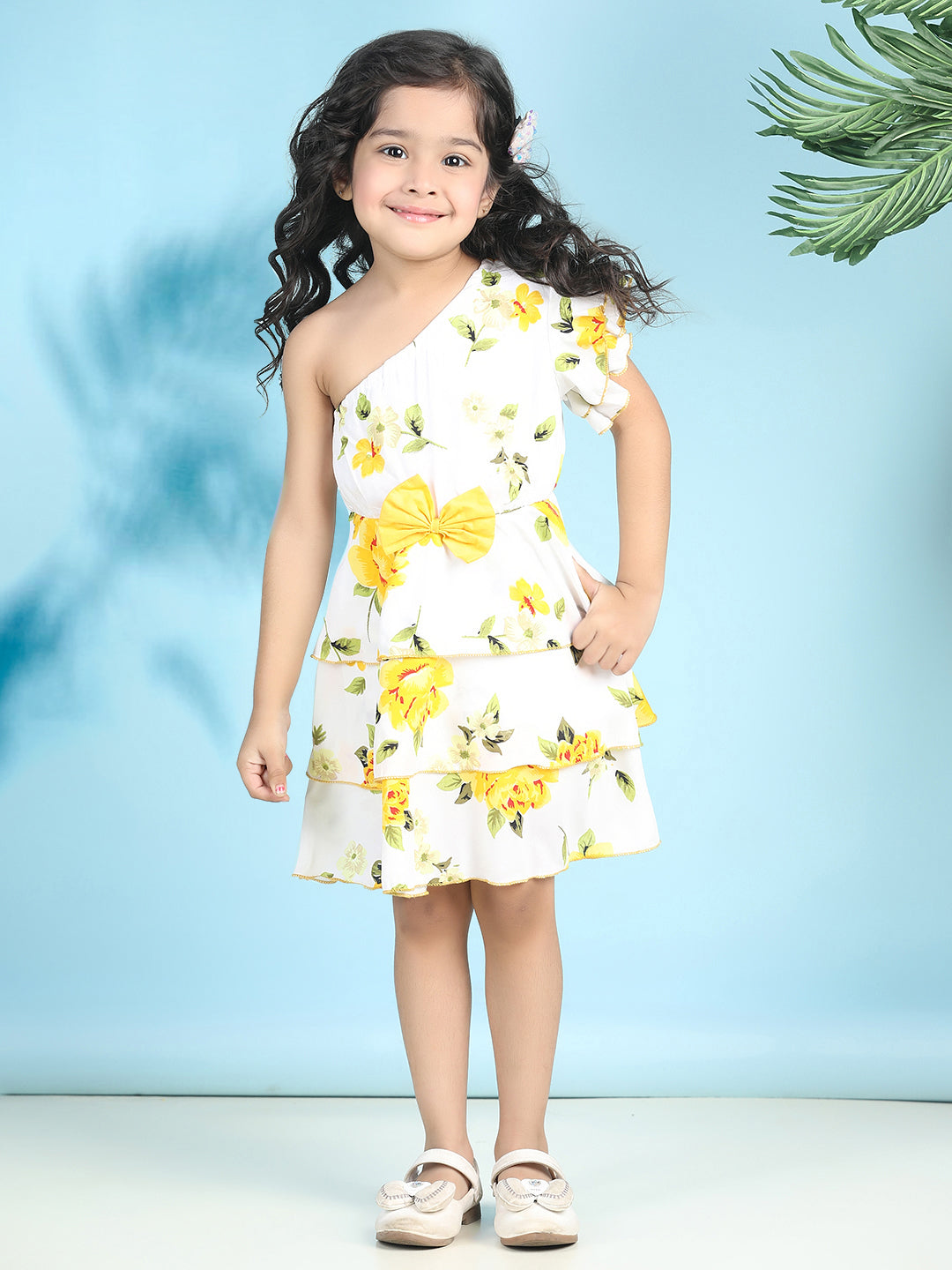 Cutiekins Girls Trendy & Stylish Floral Printed Dress -Off White & Yellow