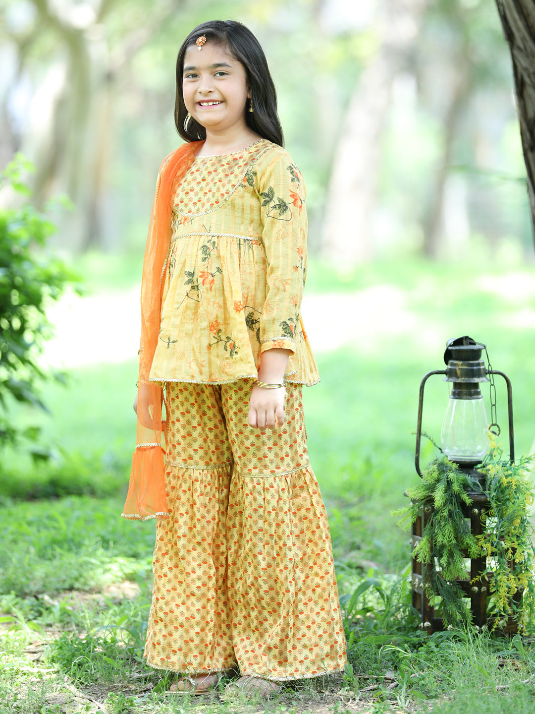 Cutiekins Ethnic Motif Printed Kurta ,Sharara and Dupatta Set-Mustard & Orange