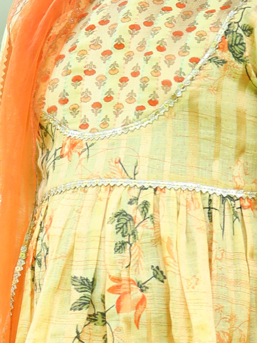 Cutiekins Ethnic Motif Printed Kurta ,Sharara and Dupatta Set-Mustard & Orange