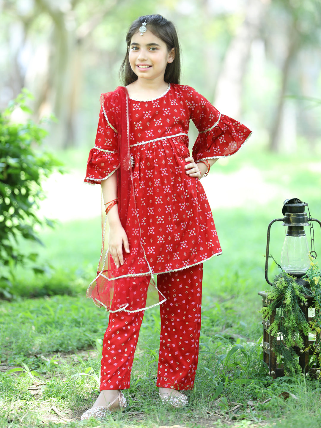 Cutiekins Ethnic Motif Printed A-line Kurta, Palazzos & Dupatta Set-Red & Golden