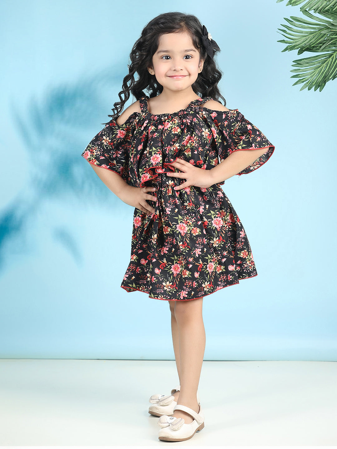 Cutiekins Girls Trendy & Stylish Floral Printed Dress -Black & Pink