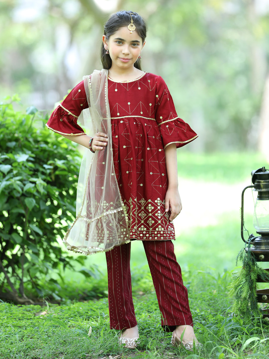 Cutiekins Faux Mirror Embroided A-line Kurta, Palazzos & Dupatta Set-Maroon & Golden