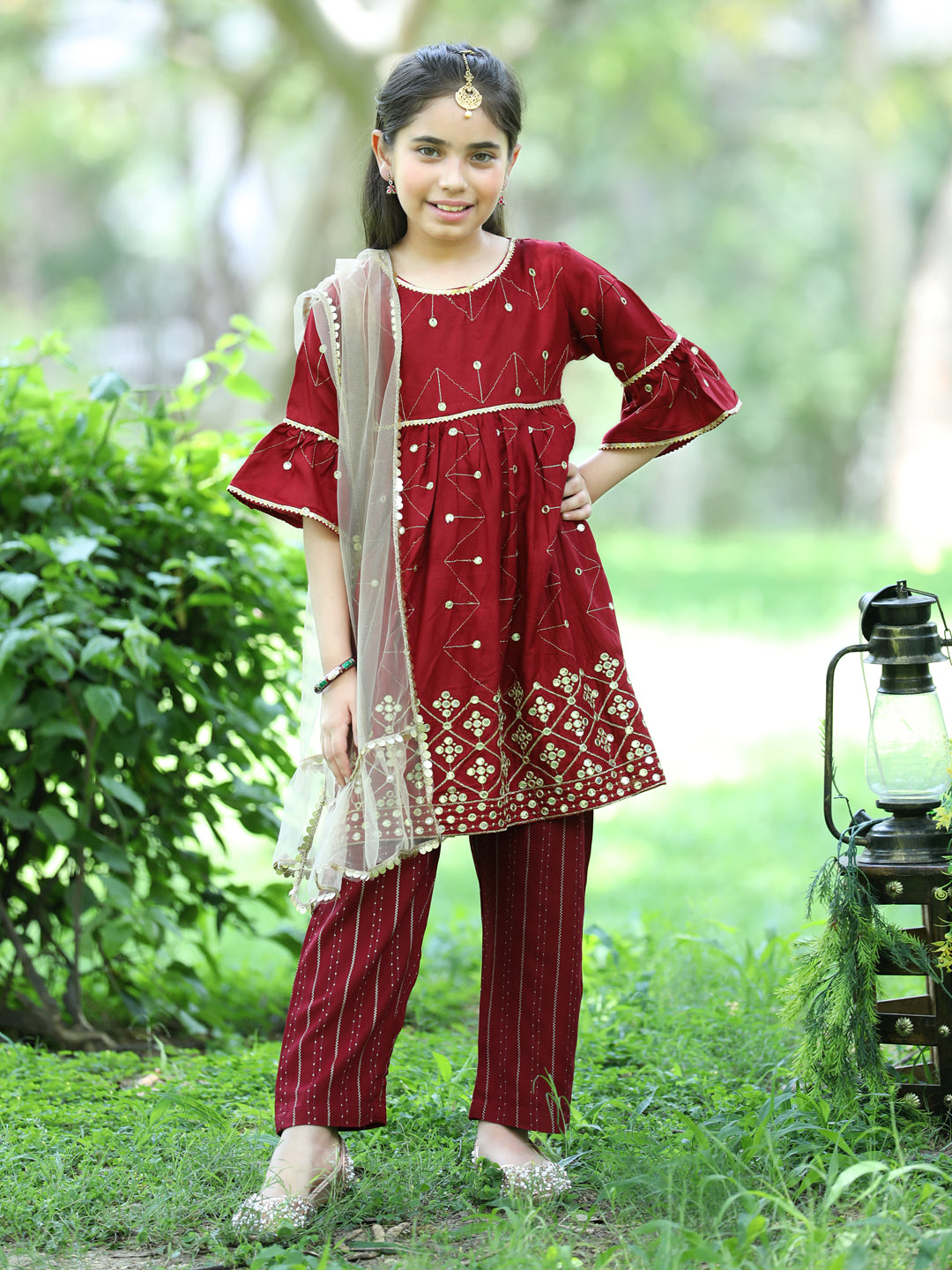 Cutiekins Faux Mirror Embroided A-line Kurta, Palazzos & Dupatta Set-Maroon & Golden