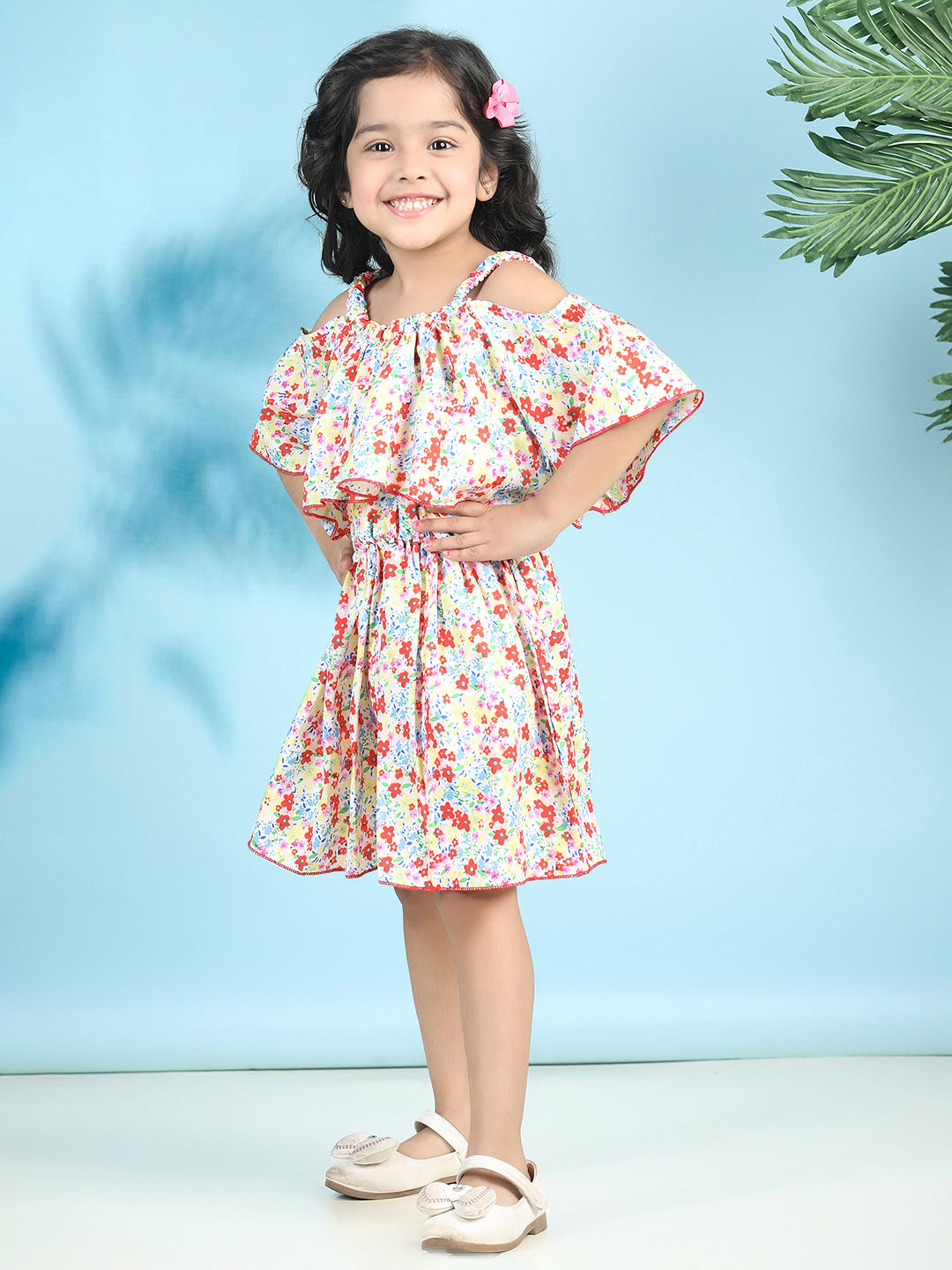 Cutiekins Girls Trendy & Stylish Floral Printed Dress -Off White & Multi