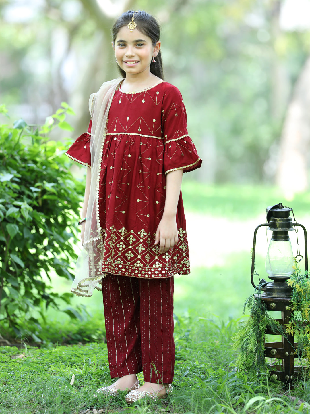 Cutiekins Faux Mirror Embroided A-line Kurta, Palazzos & Dupatta Set-Maroon & Golden