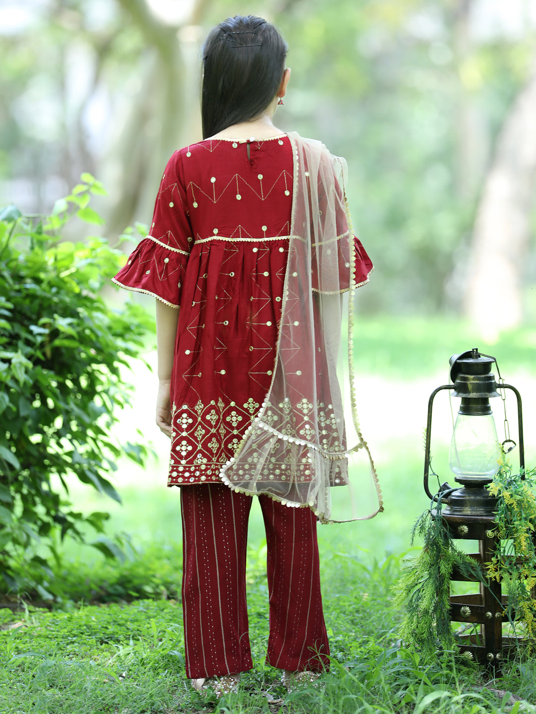 Cutiekins Faux Mirror Embroided A-line Kurta, Palazzos & Dupatta Set-Maroon & Golden