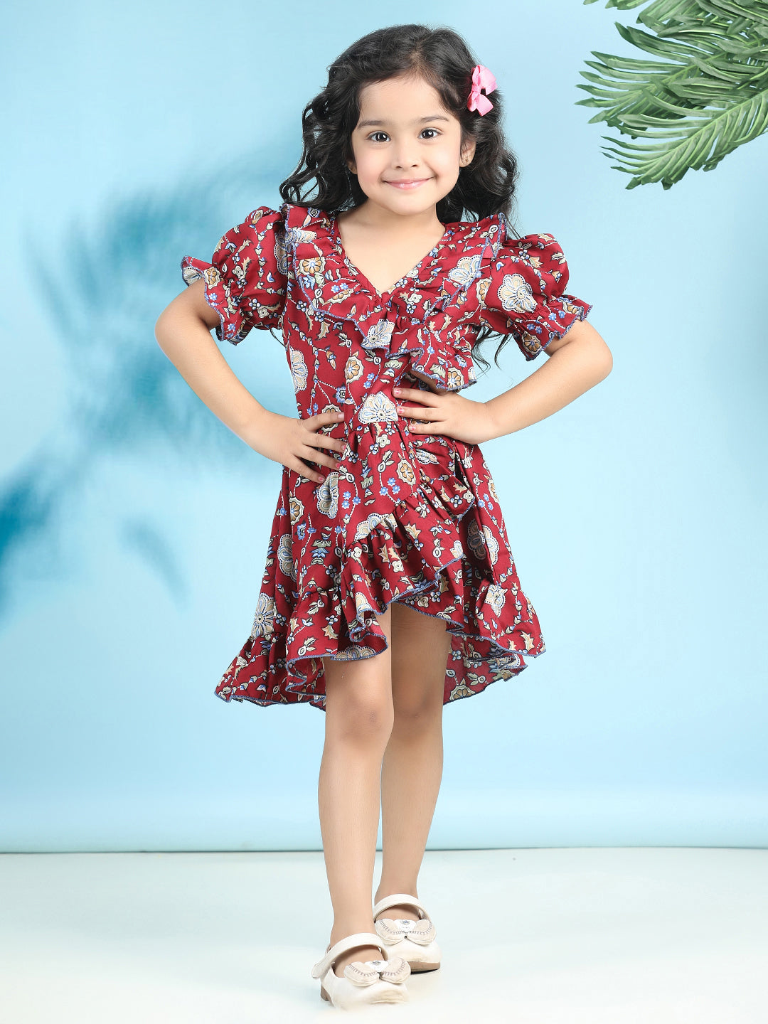 Cutiekins Girls Trendy & Stylish Floral Printed Dress -Maroon & Multi