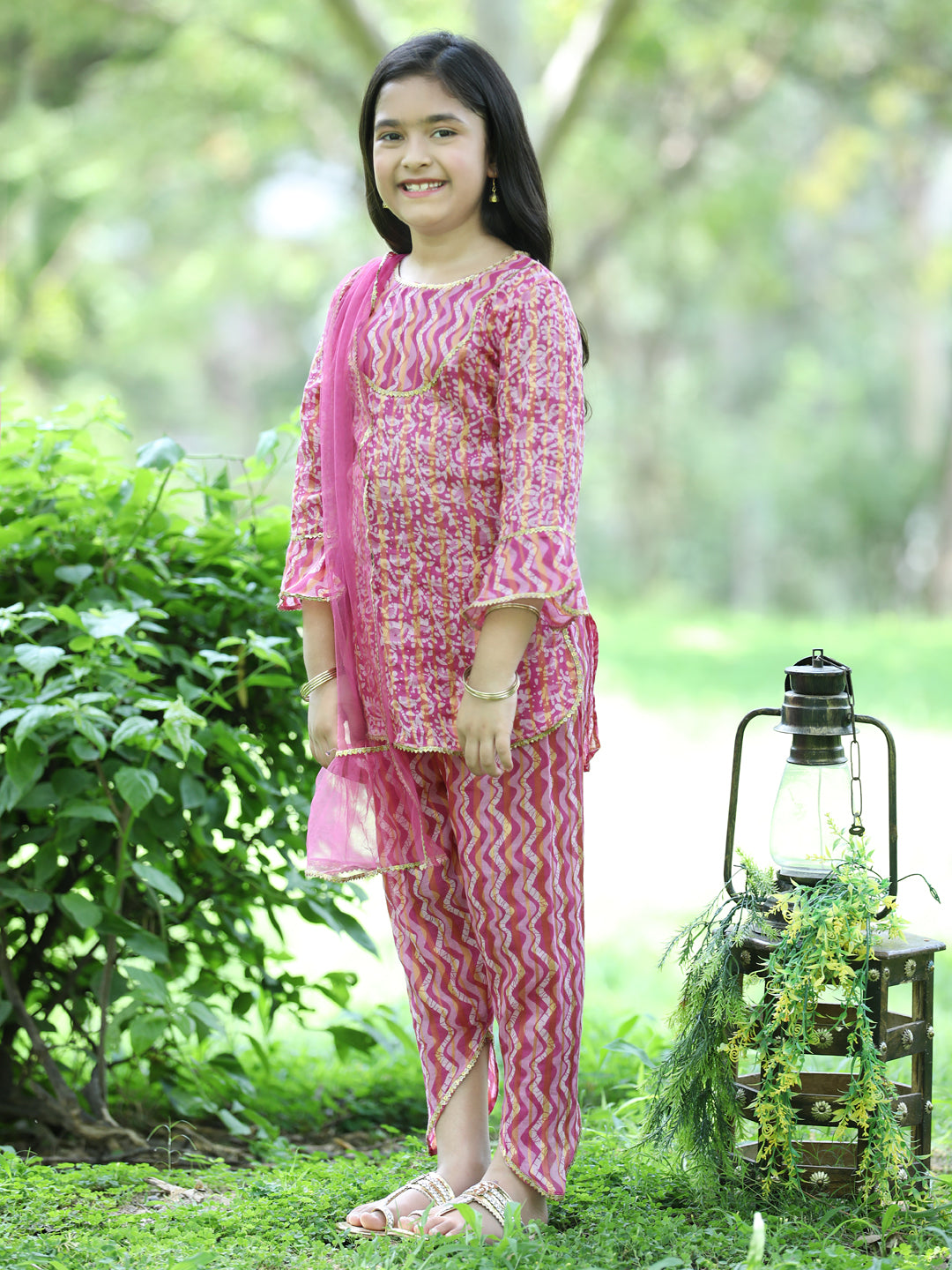 Cutiekins Ethnic Motif Printed Kurta,Pencil Pant & Dupatta Set-Pink & White