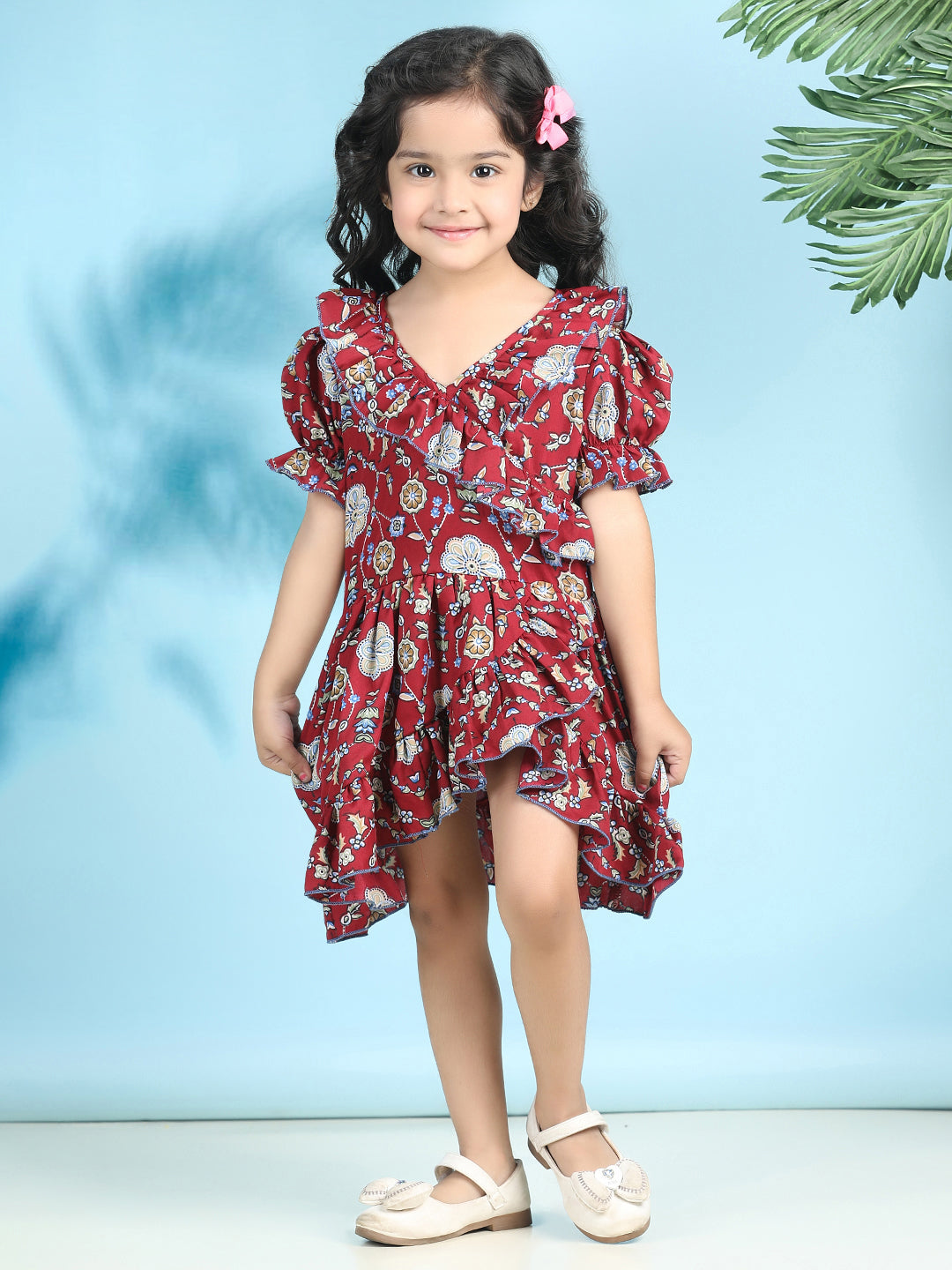 Cutiekins Girls Trendy & Stylish Floral Printed Dress -Maroon & Multi