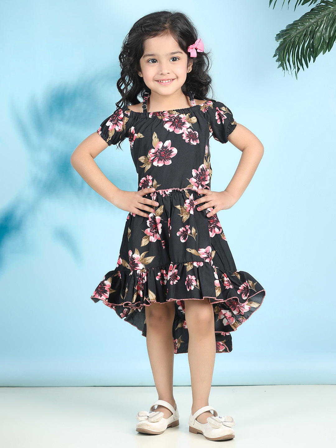 Cutiekins Girls Trendy & Stylish Floral Printed Dress -Black & Pink