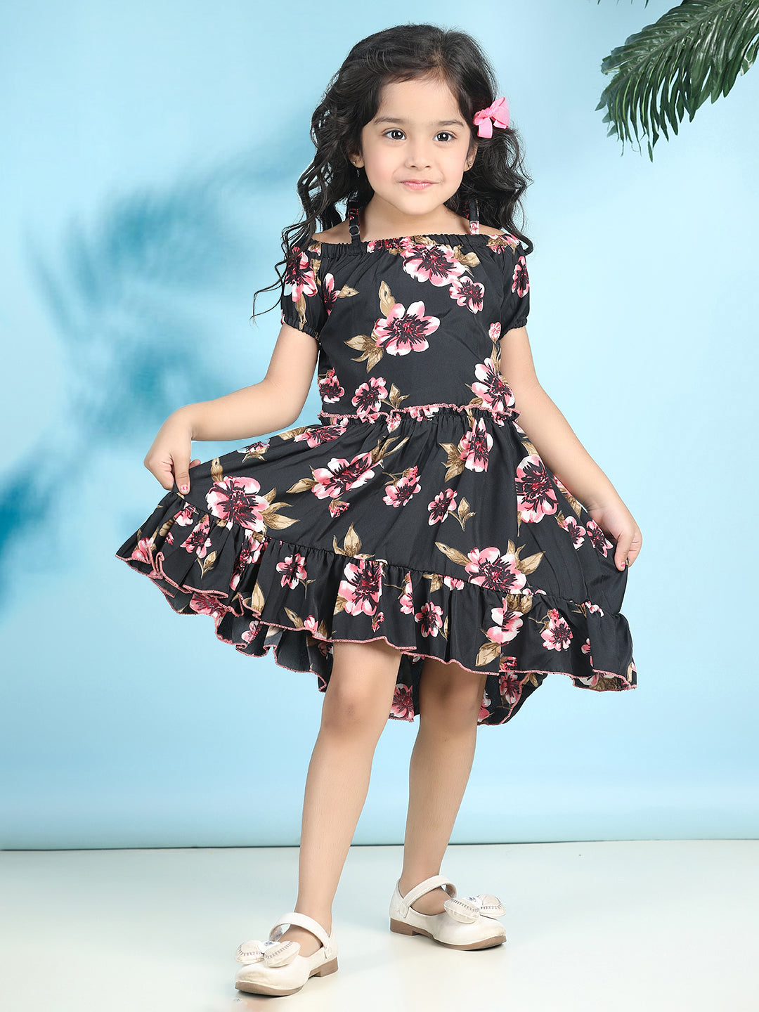 Cutiekins Girls Trendy & Stylish Floral Printed Dress -Black & Pink