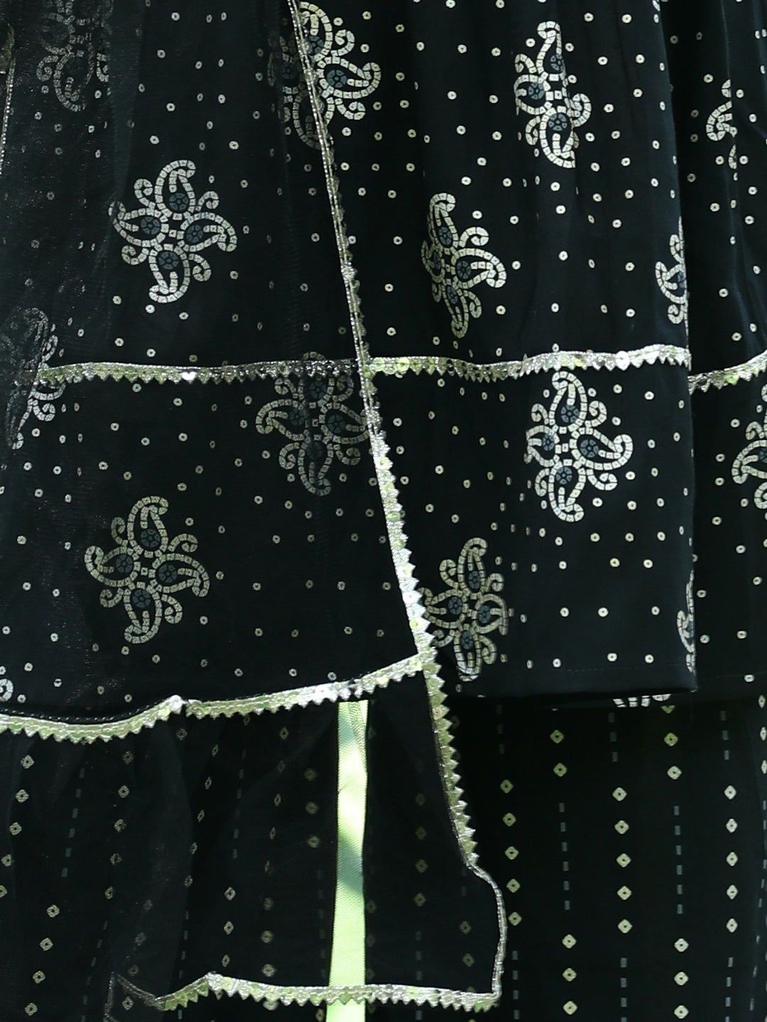 Cutiekins Ethnic Motif Printed A-line Kurta,Bell Bottom Palazzo & Dupatta Set-Black & Golden