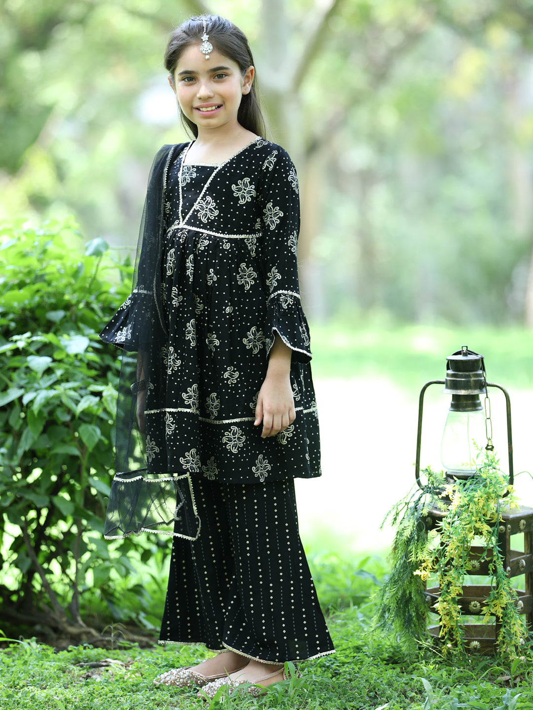 Cutiekins Ethnic Motif Printed A-line Kurta,Bell Bottom Palazzo & Dupa