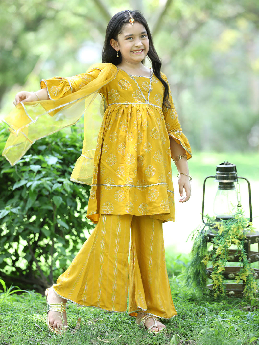 Cutiekins Ethnic Motif Printed A-line Kurta,Bell Bottom Palazzo & Dupatta Set-Mustard & Golden