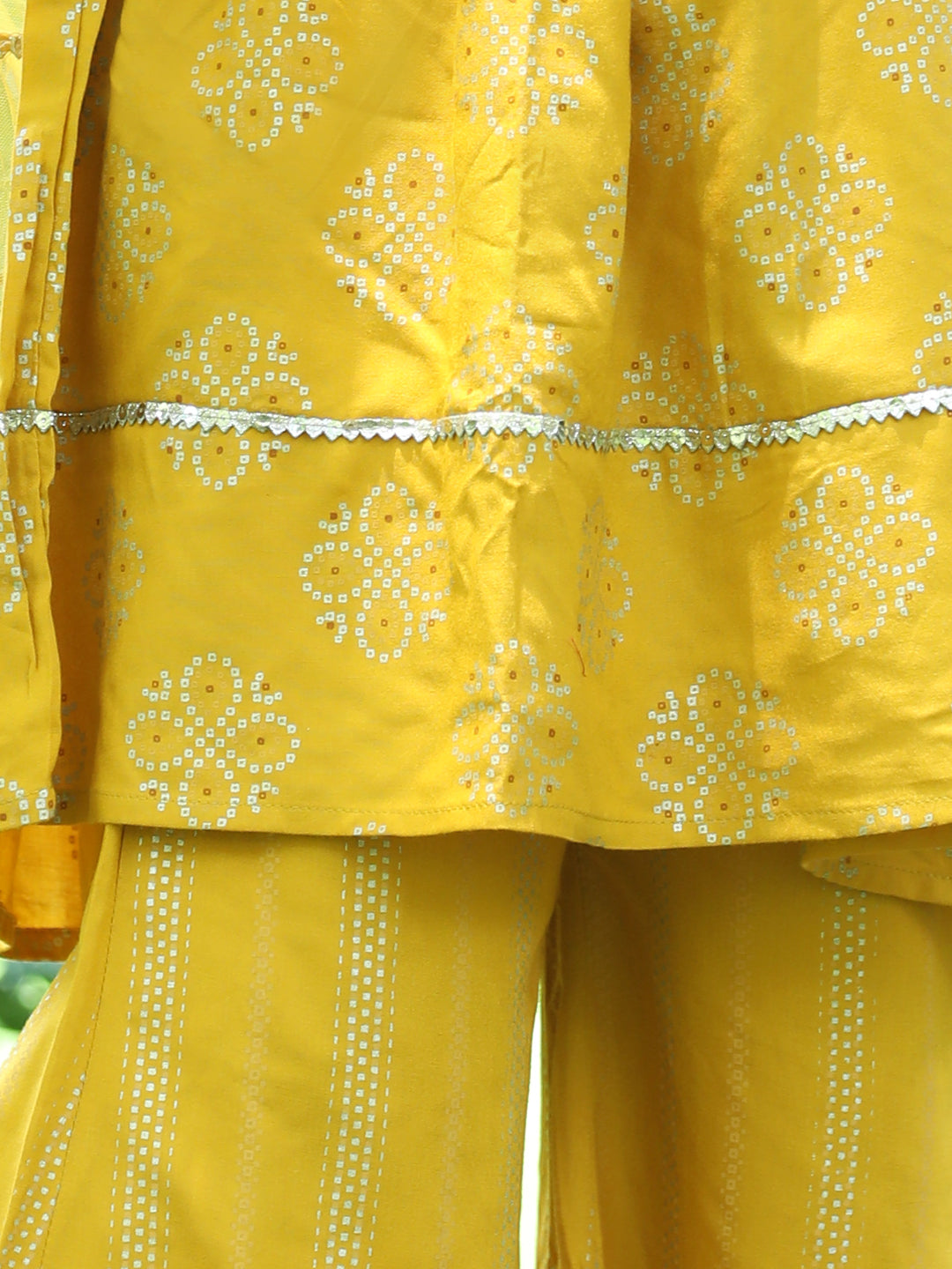 Cutiekins Ethnic Motif Printed A-line Kurta,Bell Bottom Palazzo & Dupatta Set-Mustard & Golden