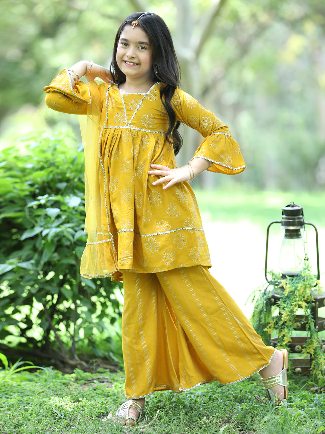 Cutiekins Ethnic Motif Printed A-line Kurta,Bell Bottom Palazzo & Dupatta Set-Mustard & Golden