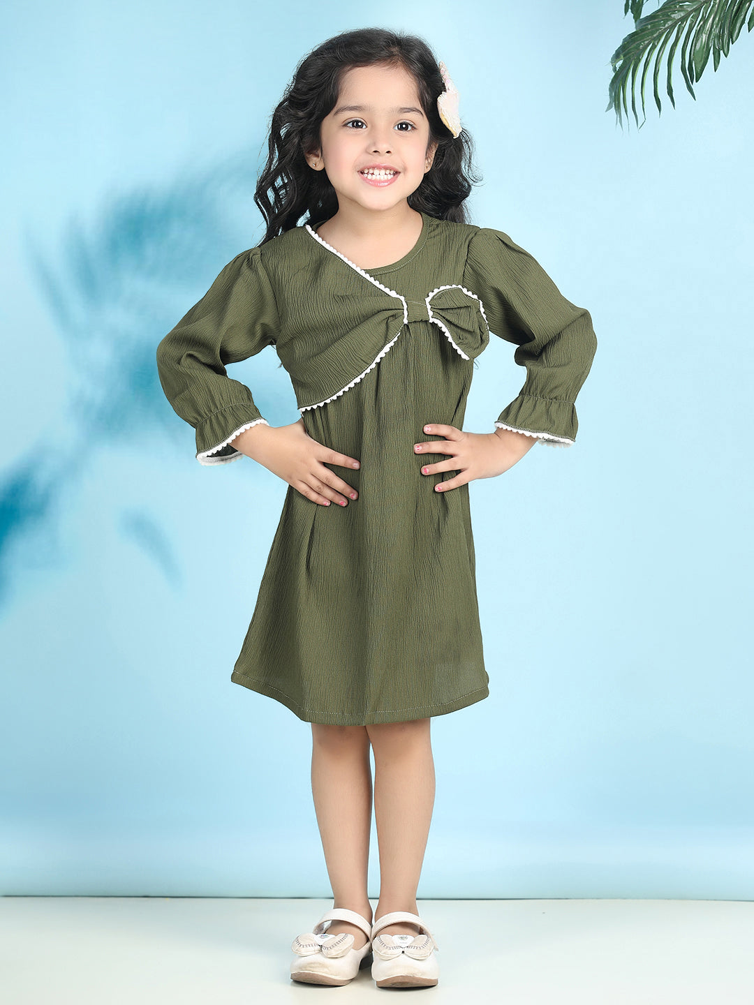 Cutiekins Girls Trendy & Stylish Solid Dress -Olive Green & Off White