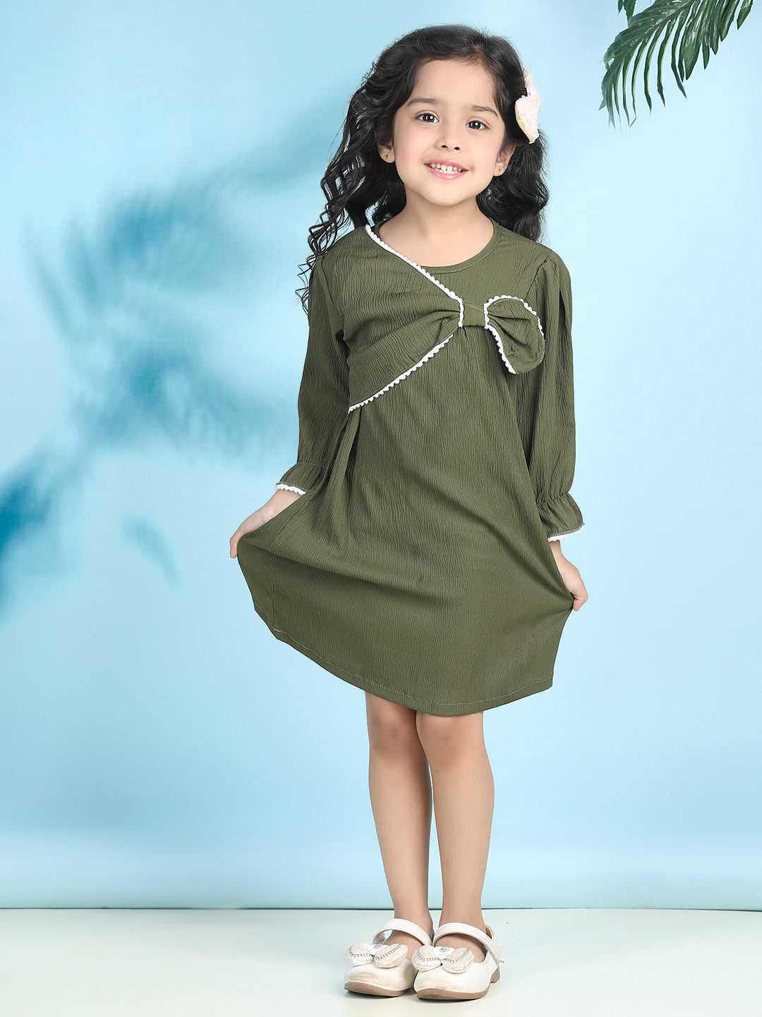 Cutiekins Girls Trendy & Stylish Solid Dress -Olive Green & Off White