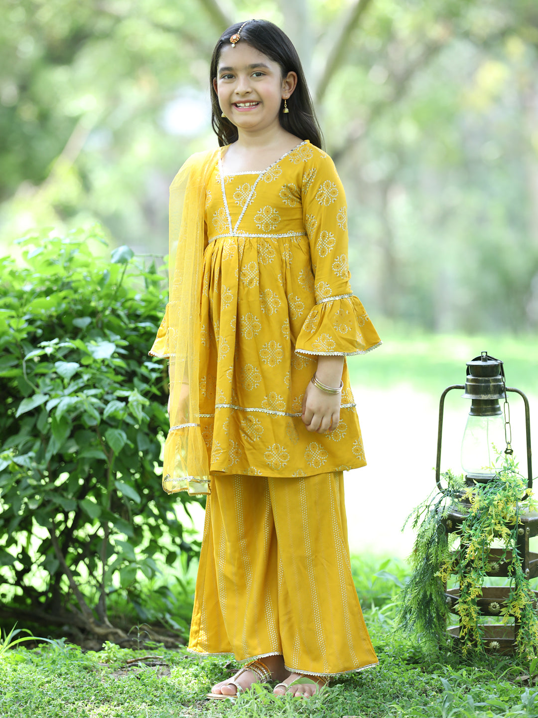 Cutiekins Ethnic Motif Printed A-line Kurta,Bell Bottom Palazzo & Dupatta Set-Mustard & Golden