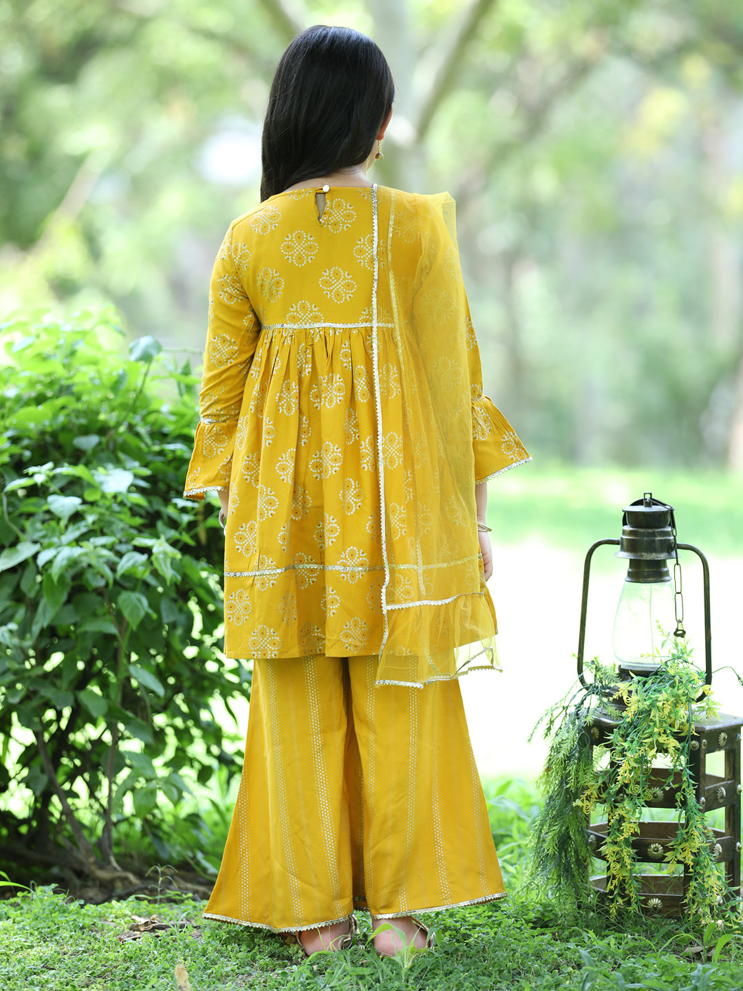 Cutiekins Ethnic Motif Printed A-line Kurta,Bell Bottom Palazzo & Dupatta Set-Mustard & Golden